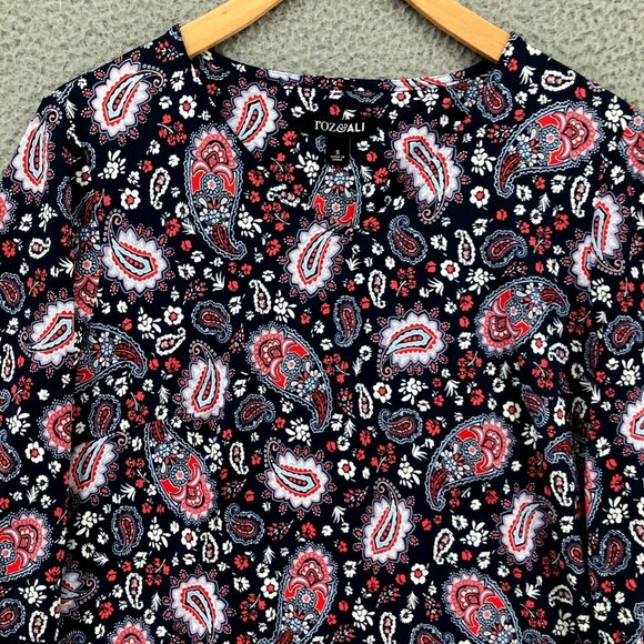 Roz & Ali Top Womens Small Navy Red Paisley Floral Small Sleeves Stretch Boho - Picture 2 of 10